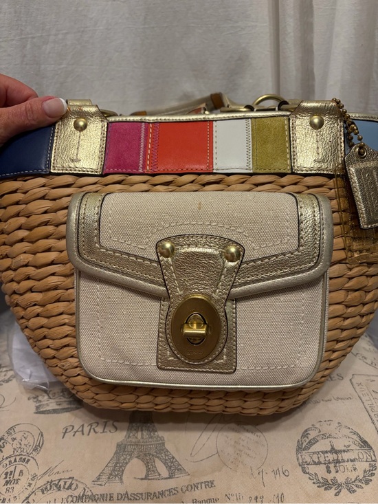 Coach Handbags - Coach Straw Tote with Multicolor Stripe and Gold Trim